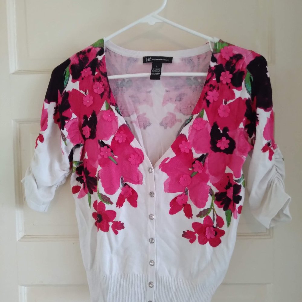 INC. International Concepts Floral Cardigan Sweater. Pink Appliques. Size S